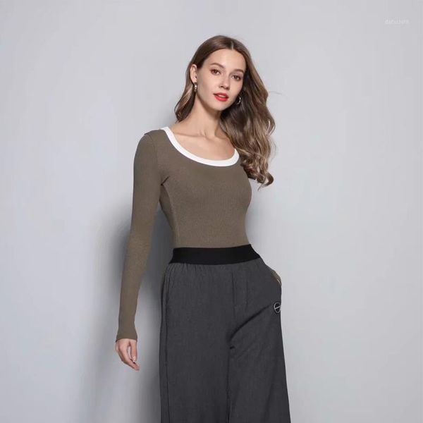 

women contrast neck long sleeved rib bodysuit1, Black;white