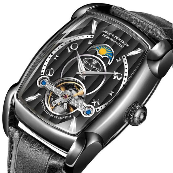 

wristwatches automatic watch men mechanical watches tourbillon dial wristwatch mens rectangular skeleton relogio masculino, Slivery;brown