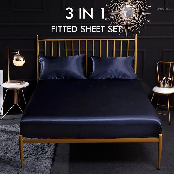 

satin silk fitted sheet solid soft bed sheets with pillowcase 3pcs housse de matela twin  king size washable cooling touch1