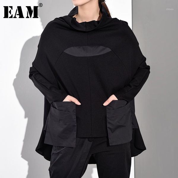

eam] 2021 new spring autumn high collar long sleeve black hit color pocket split joint big size sweatshirt women fashion jq01801