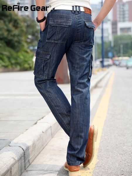 

refire gear brand cargo jeans men multi-pockets biker jeans casual streetwear straight denim pants tactical male1, Blue