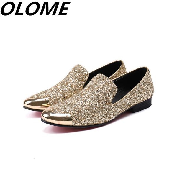 

mens italian leather shoes iron pointy toe loafers slip on prom shoes men casual gold glitter flats, Black
