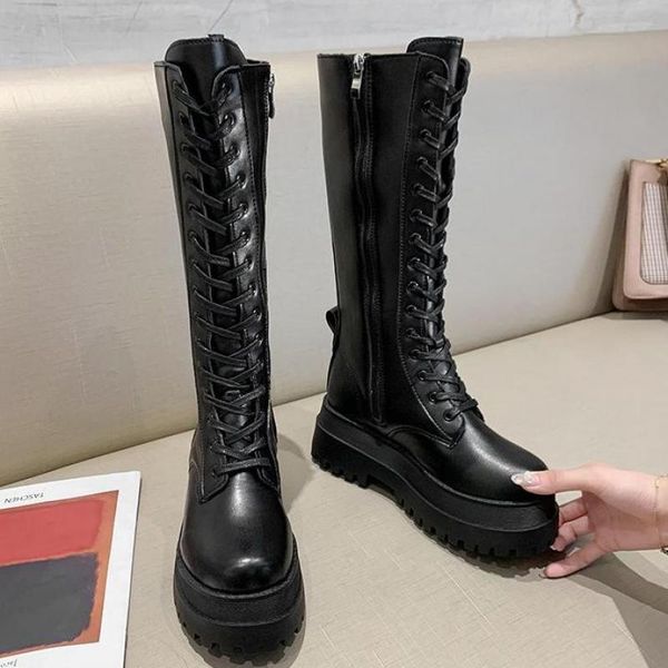 

boots women combat antumn 2021 female high platform gothic shoes black leather lace up knee heel