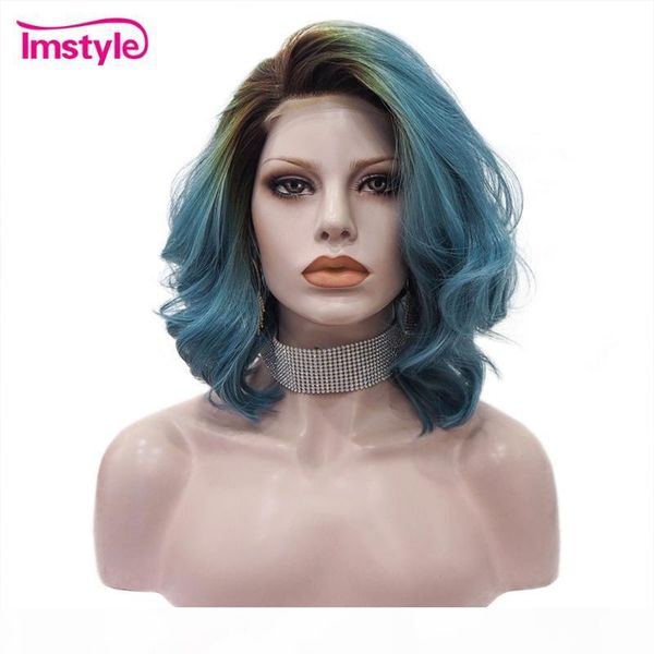 

imstyle blue wig short wigs for women synthetic lace front wig dark root heat resistant fiber cosplay 12 inches, Black