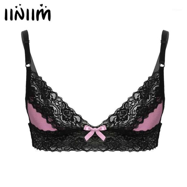 

iiniim mens gay erotic sissy lingerie bras for fetish parties spaghetti straps floral lace trim wire-unlined bra 1, Red;black