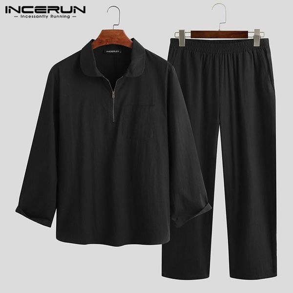 

incerun fashion solid color suits mens autumn long sleeve lapel elastic waist pants 2 pieces leisure cotton loose sets 5xl, Gray