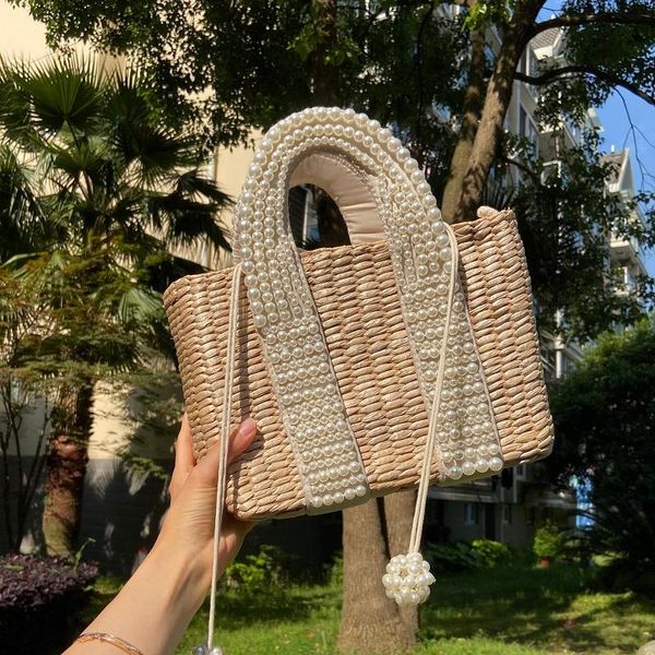 

fashion pearls rattan women handbags design beading wicker woven shoulder bags luxury summer beach straw bag large tote baskets