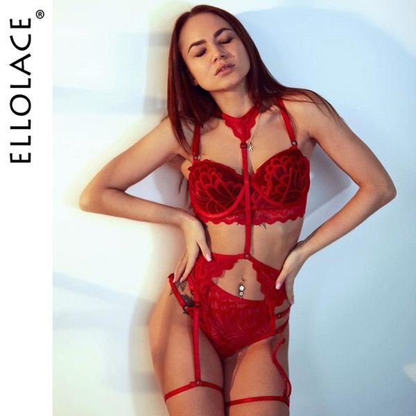 

ellolace 2020 lingerie women's underwear halter bra set red lingerie set erotic 2020 bra set y200708, Red;black