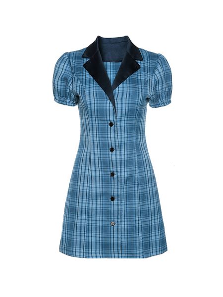 

2021 new university style of vintage blue plaid thin above the single knee-breasted women's dress summers short lantern sleeve to line, Black;gray