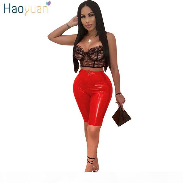 

haoyuan pu leather shorts women fashion high waist faux leather biker shorts streetwear push up knee-length short pants j190430, White;black