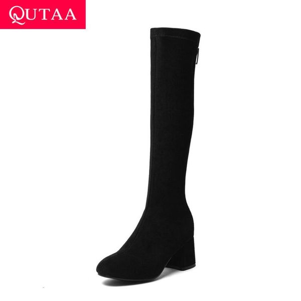 

boots qutaa 2021 round toe zipper knee high flock square heel women autumn winter fashion ladies shoes size 34-43, Black