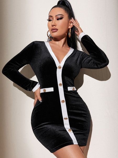 

sxy fake button decor pocket velvet bodycon dress 94wy#, Black;gray