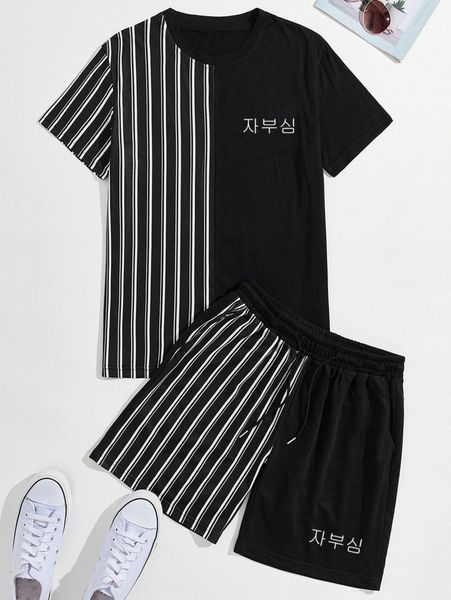 

men striped and korean letter graphic tee & drawstring waist shorts 92pu#, Gray