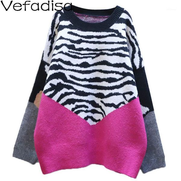 

vefadisa zebra pattern women sweater 2020 autumn winter thick stitching color knitted coat plus size pullover sweater qyf45021, White;black
