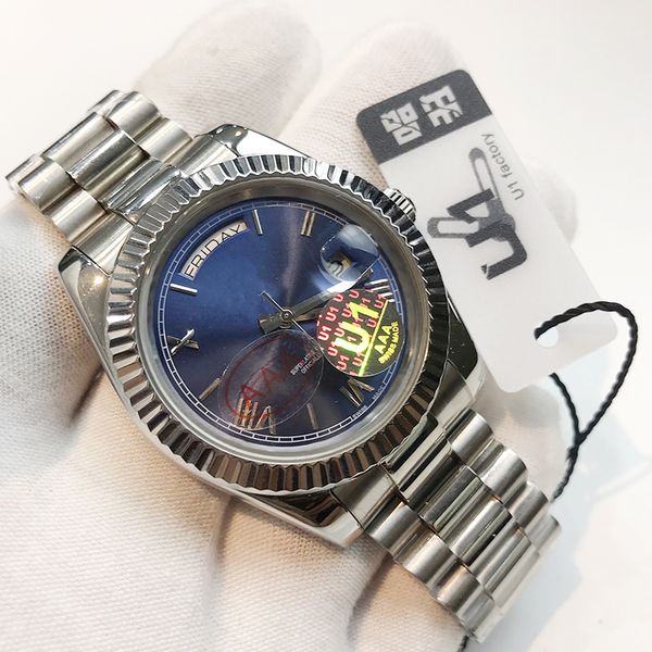 

u1 luxury 41mm daydate watches silver blue dial men mechanical automatic watch reloj business fashion steel clasp stainless steel mens watch, Slivery;brown