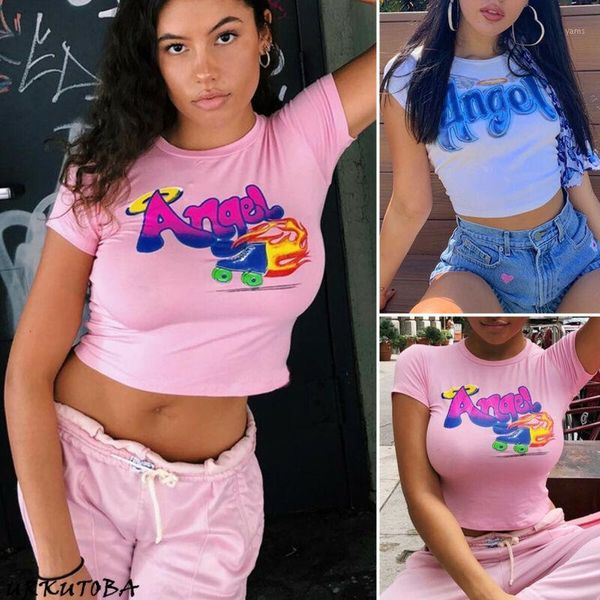 

2020 women angel letter printed tees summer short sleeve t-shirts fashion slim crop casual outdoor dance knot short 1, White