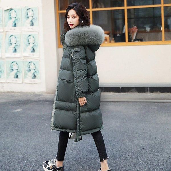 

winter women duck down coat female real natural fur collar hooded warm thick solid long oversize parkas kg-709, Black