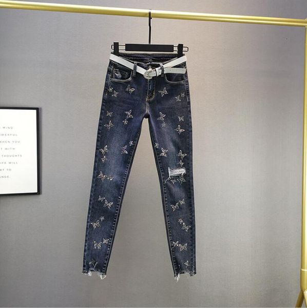 

skinny brem of spring women 2021 high waist fine puncture cotton denim pencil lady jean p2321 pants tw0g, Black;white