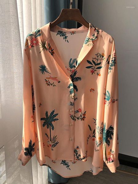 

women shirt coconut flower and bird print shirt suit collar long sleeve1, White
