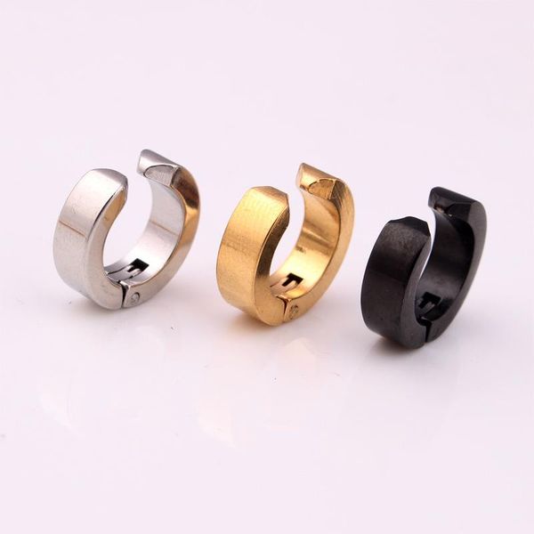 

punk men small hoop earrings color gold black stainless steel fake non-piercing hoop huggie earrings cuff jewelry, Golden;silver
