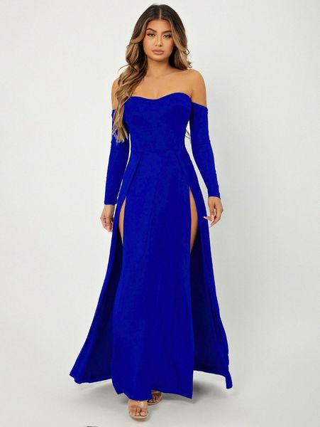 

off shoulder high split dress b3nx#, Black;gray