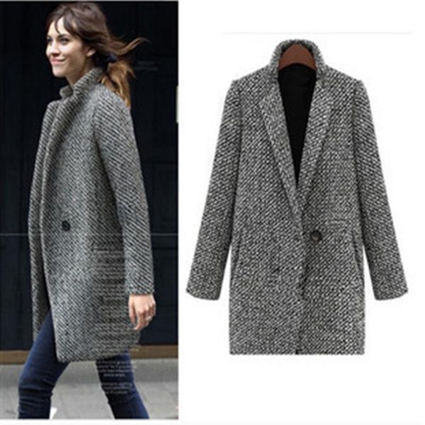 

autumn winter women coat single button pocket oversize long trench coat houndstooth wool blend outerwear female wool, Black