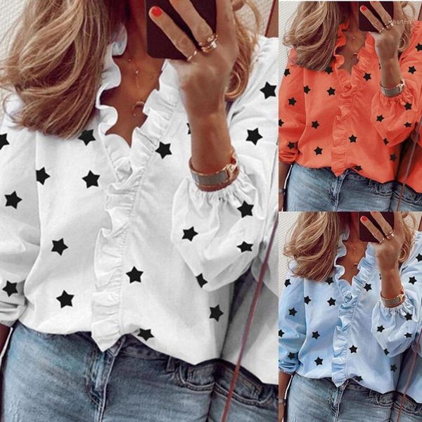 

ruffle stars print summer blouse shirts women leisure 2020 new summer v neck long sleeve blusas plus size1, White