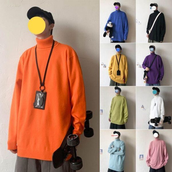 

pr 2020 autumn winter new men's loose solid color sweater woman turtleneck pullovers casual oversize man fashion clothing, White;black