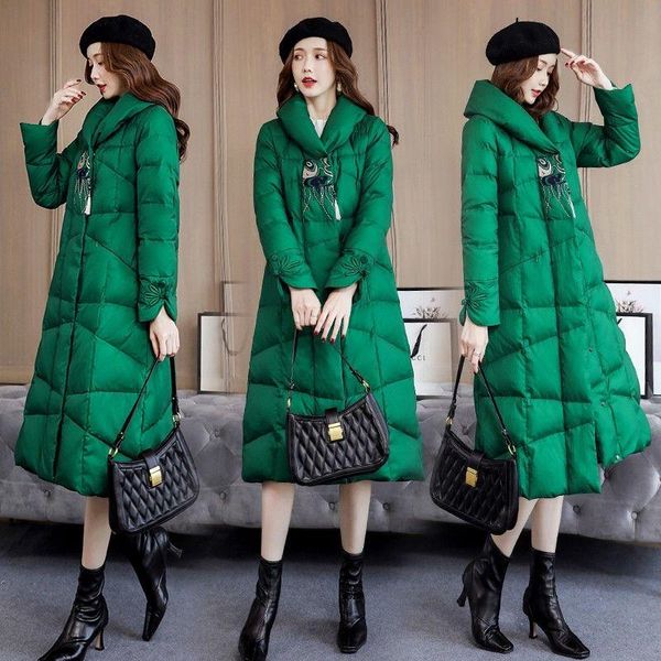 

2020 new winter down cotton women long thick coats female plus size full warm jacket female slim floral vintage button parka k18, Black