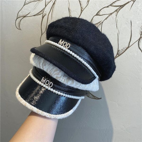 

japanese hat women's custom autumn and winter lace pearl navy hat woolen painter's joker bud octagonal, Blue;gray