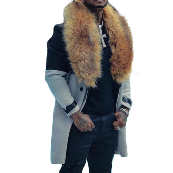 

european and american men's wool contrast color trench coat men long sleeve double breasted woollen clothing, Black