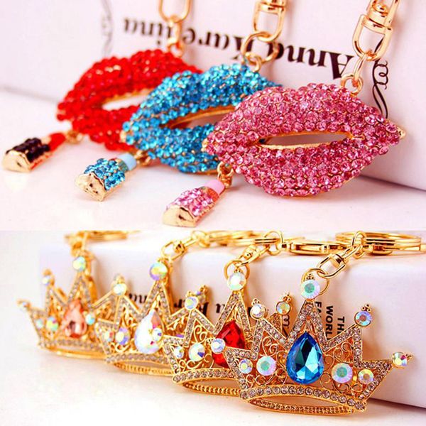 

big crystal crown keychain rhinestone lipstick keyring car charms key holder creative gift for girlfriend, Silver