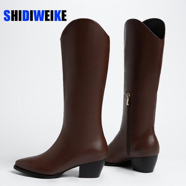 

boots 2021 designer western black kneehigh for women pointed toe cowboy chunky wedges runway ladies motorcycle