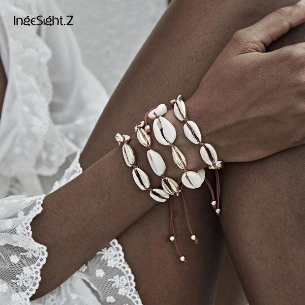 

ingesight.z 4pcs/set boho natural cowrie seashell bracelets bangles women charm adjustable drip oil shell bracelet set jewelry, Golden;silver