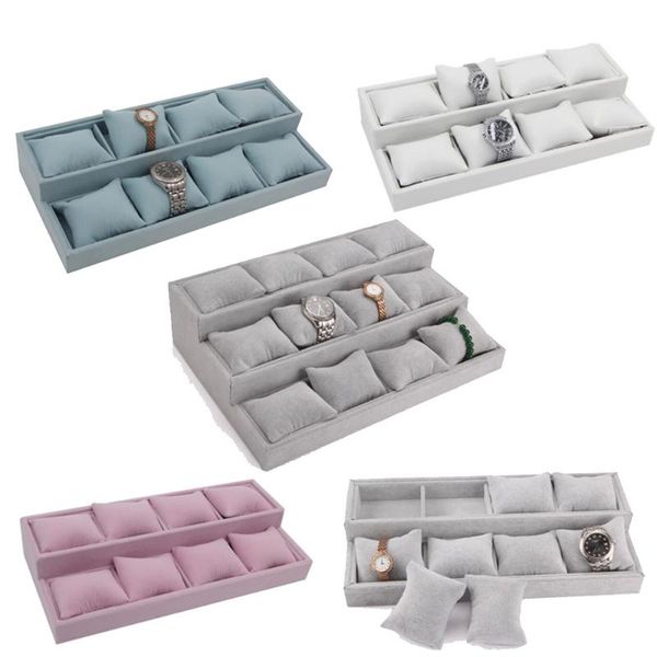 

velvet stackable jewelry watch store display showcase holder organizer storage trays with 12 grids pillow tray, Pink;blue