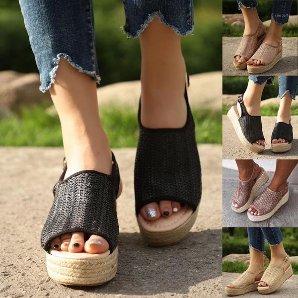 

summer women platform wedge peep toe weaving sandals buckle strap gladiator open toe fish mouth shoes 20201, Black