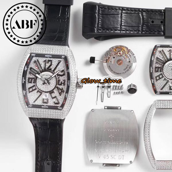 

upgraded abf version vanguard v 45 sc dt diamond date dial eta 2824 automatic 28800vph mens watch silver diamonds case leather luxry watches, Slivery;brown