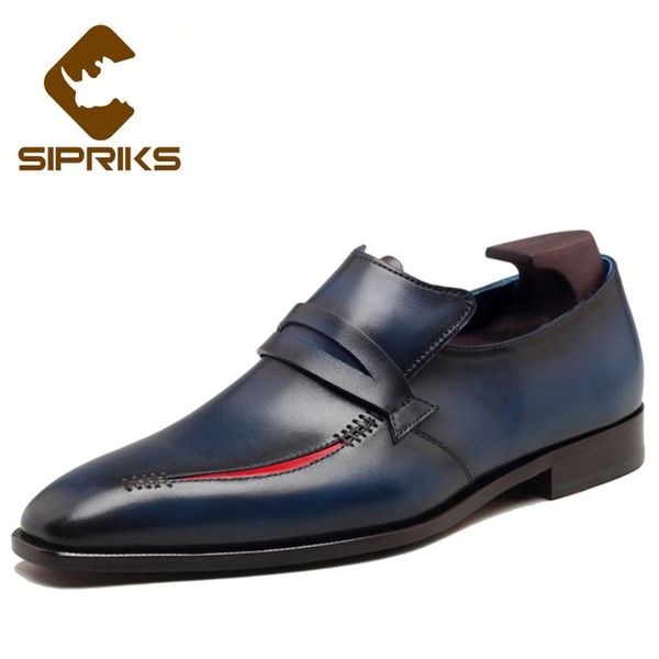 

sipriks mens sewing welted shoes dark blue tuxedo shoes with red genuine leather slip on dress penny loafer, Black