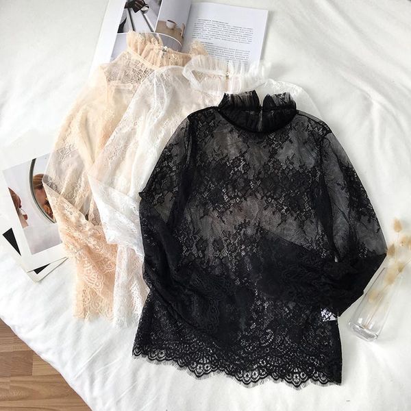 

2019 spring summer women hollow out mesh blouse sweet thin bottoming lace shirts female flare sleeve blouses blusas ab13481, White
