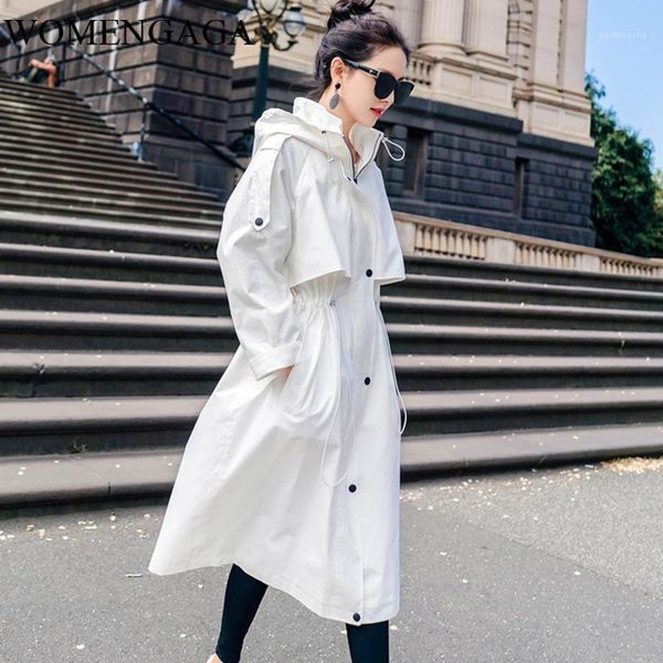 

korea 2020 white drawstring hooded windbreaker for women new fashion casual large size overcoat female trench vestido yg531001, Tan;black