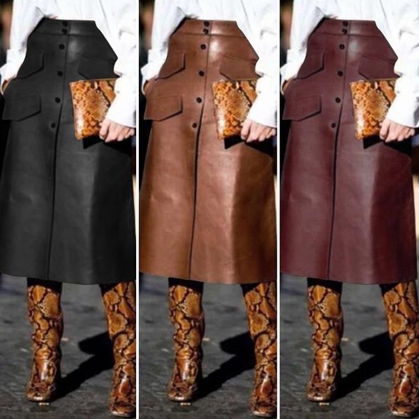 

stylish pu leather skirts women's button vestidos zanzea 2020 high waist split pockets midi skirts female solid robe plus size, Black