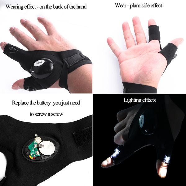 

universal led flashlight fishing 1 pair charged outdoor hiking fingerless gloves waterproof, Blue;gray