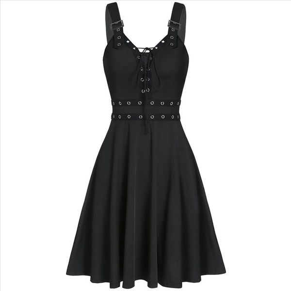 

womens gothic punk sleeveless strap sling dress elegant strap backless a line party strapless strapless dress female, Black;gray
