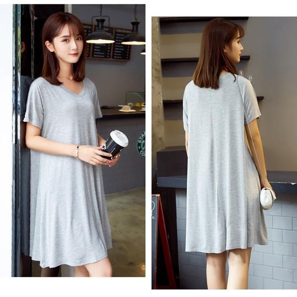 

plus size women nightdress loose solid nightgowns women comfortable modal cotton casual shortg-sleeved gray sleepwear 20201, Black;red