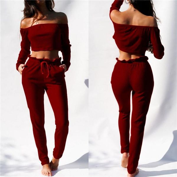 

new fashion 2pcs/set women clothing lady crop off shoulder shirt long pants leggings trouser outfit casual ladies clothes1, White