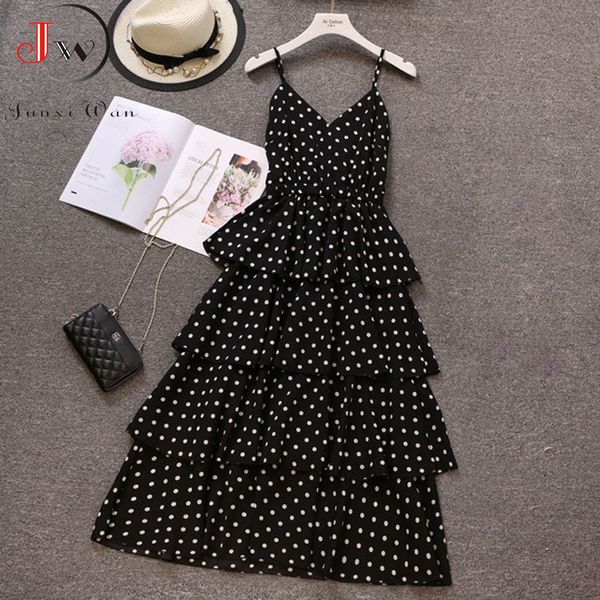 Verão Mulheres Vestido Longo Moda V-Neck Sexy Spaghetti Strap Polka Dot Vestido Novo Praia Maxi Vestido Preto Branco Festa Vermelha Y0118