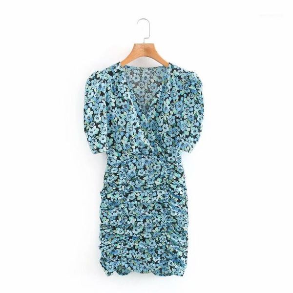 

casual dresses 2021 women vintage v neck flower print pleated mini dress chic female puff sleeve retro vestidos slim ds38341, Black;gray