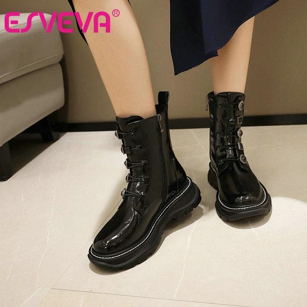 

esveva 2021 lace up square heel microfiber pu ankle boots women boots shoes round toe all match zipper size 34-41, Black