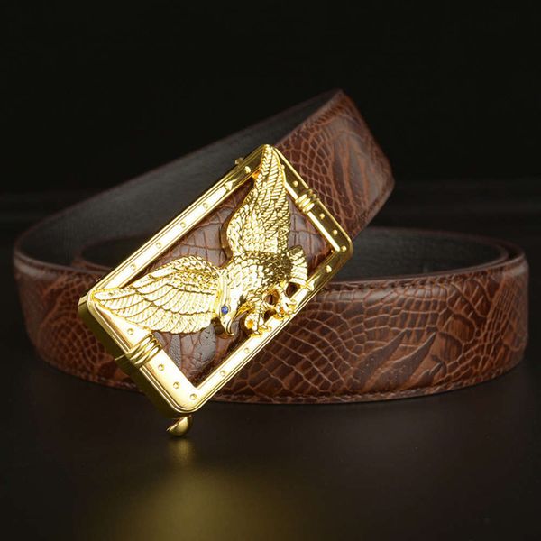 

new eagle wings auto buckle men's head belt genuine leather pants with personalized gift, Black;brown