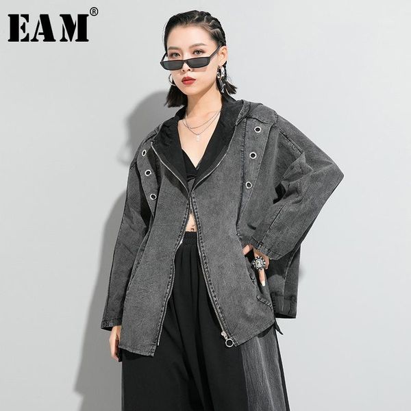 

eam] loose fit black denim split joint big size jacket new hooded long sleeve women coat fashion tide spring 2020 1r6411, Black;brown